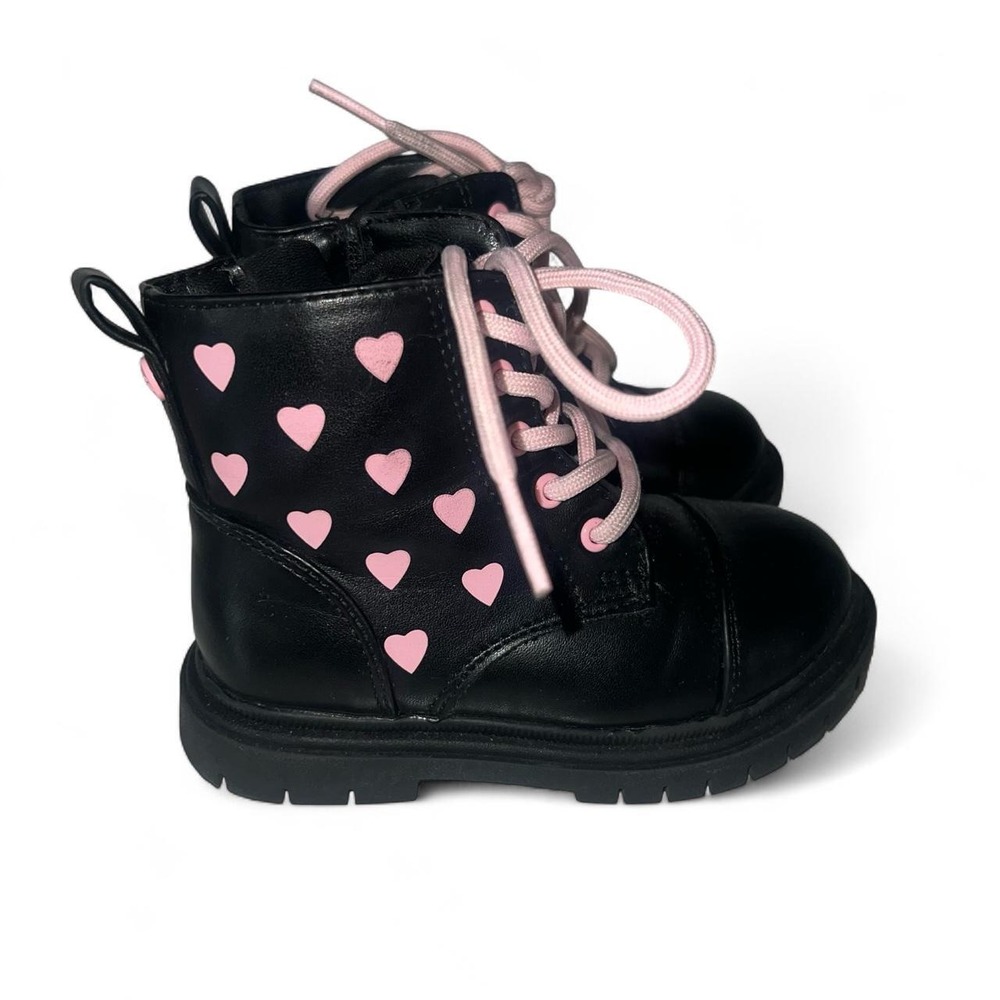 Toddler Girls Black & Pink Heart Ankle Boots – Size 8